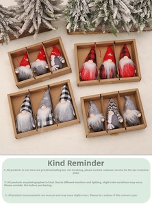 Detail view of festive gnome ornaments in craft boxes with knits and white beards
