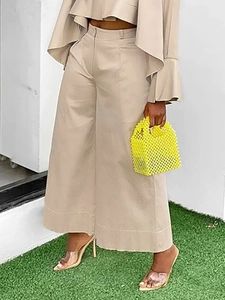Front view of khaki high-waisted wide-leg trousers and matching crop top set