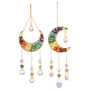 Golden suncatcher with crescent moon frame and raw amethyst crystals for garden decor
