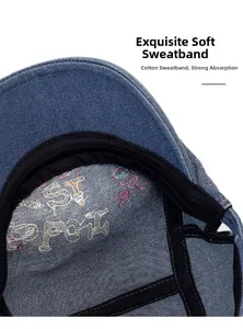 Detail of the soft black cotton sweatband and premium embroidery on a denim cap