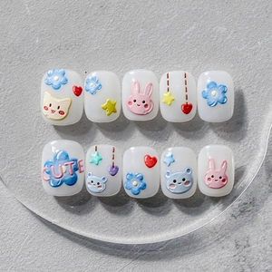 5D embossed cute animal and flower nail stickers set in milky white and pastel colors