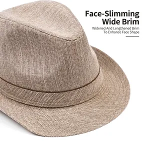 Faux linen wide brim fedora hat with brown band for sun protection and beach wear