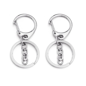 Detail showing two silver-colored D-shaped lobster clasp keychains on white background