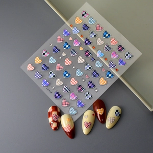 3D plaid heart nail stickers with macaron colors and decorative rhinestones for nail art