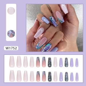 French gradient glitter press on nails in purple and pink coffin shaped full set