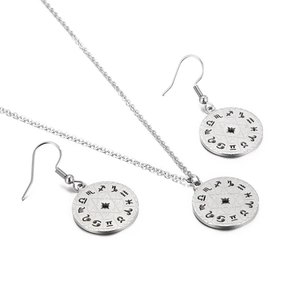 Silver stainless steel jewelry set with hollow 12 zodiac compass pendant and earrings