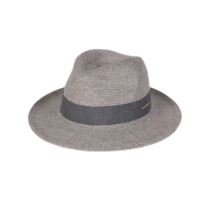 Breathable summer straw fedora hat with wide brim and decorative dark grey ribbon band