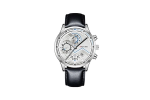 Detail of chronograph quartz watch with silver dial, date window and black leather strap