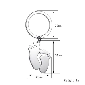 Detailed dimensions of stainless steel baby feet keychain with 25mm ring and 30mm pendant