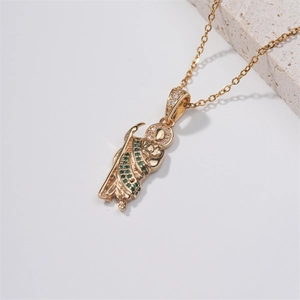 Gold plated stainless steel religious pendant necklace with green and white zircons
