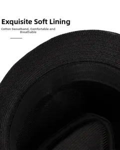 Detailed close-up of soft cotton sweatband and breathable lining inside the black jazz hat
