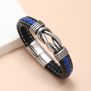 Men's double-tone braided leather bracelet with stainless steel magnetic buckle decoration