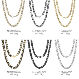 Detailed grid of 5mm Byzantine chain necklaces in gold, silver, and black stainless steel