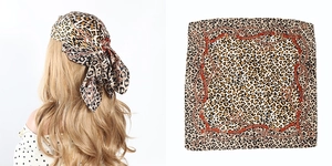 Detail showing leopard print silk scarf with chain pattern worn by model and flat lay