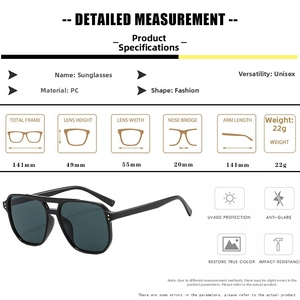 Detailed size chart for large frame double-bridge sunglasses with UV400 PC lens specs