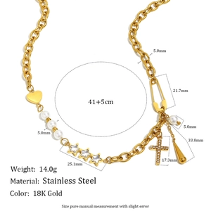 18K gold plated stainless steel necklace with cross, star, heart and pearl charms