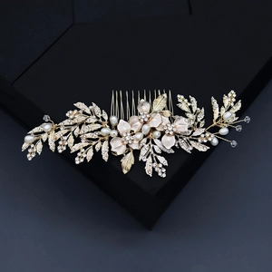Golden bridal hair comb with pearls and rhinestones in flower and leaf design