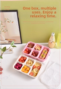 Detail of eco-friendly wheat straw bento box with five compartments and transparent lid