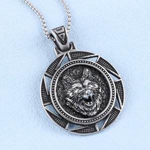 Vintage silver wolf head pendant necklace with embossed mythical wolf head for men