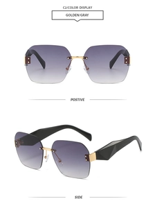 Detail of rimless geometric sunglasses with purple gradient lenses and gold metal parts