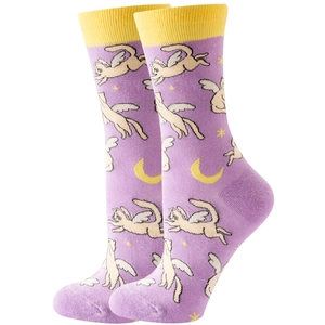 Detail of purple crew socks with flying cat, moon and yellow cuff patterns