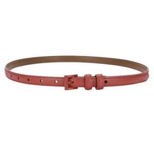 Elegant reddish-brown genuine leather skinny belt with color-matched pin buckle and smooth finish