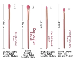 Detailed dimensions of eye makeup brushes including bristle and total lengths in nude beige