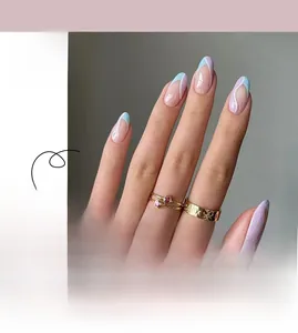 Detail view of French press-on nails with blue and purple wave patterns for manicure