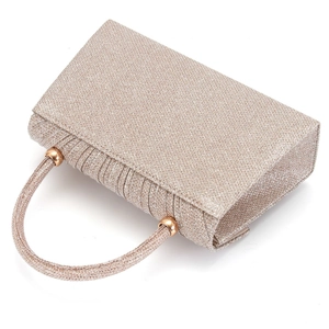 Close-up detail showing the sparkly evening clutch fabric, metal handle ring, and pleated flap design.