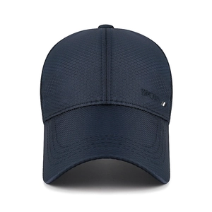 Dark blue breathable outdoor mesh baseball cap with long brim and sport text design