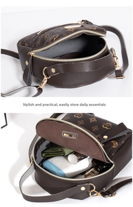Detail view of large storage capacity in a brown monogrammed crossbody backpack bag