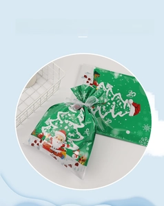Detail of green Christmas drawstring gift bag with Santa and snowman festive patterns