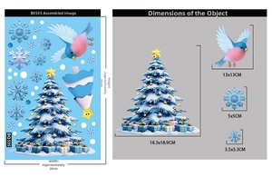 Size chart for Christmas window stickers showing tree, bird and snowflake dimensions