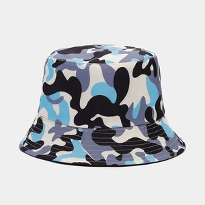 Detailed view of reinforced stitching on the brim of a blue camo bucket hat