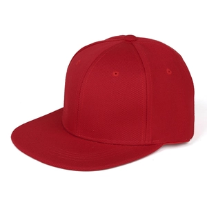 Side view detail of a dark red flat brim hip hop cap in twill cotton fabric
