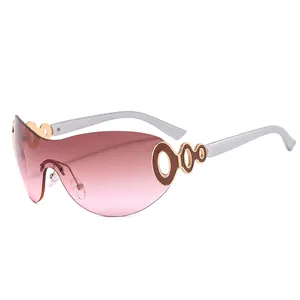 Y2K rimless oversized sports sunglasses with pink purple gradient lenses for women