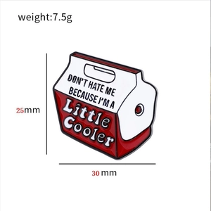 Detail view of enamel cooler pin with dimensions 30mm by 25mm and 7.5g weight info