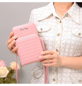 Pink PU leather crossbody phone bag with quilted texture and gold zipper detail
