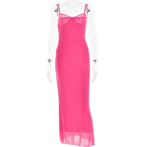 Pink backless mesh maxi dress with lace trim and pleated bodice on a studio mannequin
