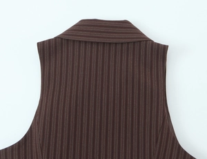 Detail of the back collar and fine pinstripe texture on a brown vest set