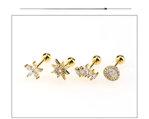 Set of four gold-plated sun and heart zircon stud earrings with screw backs