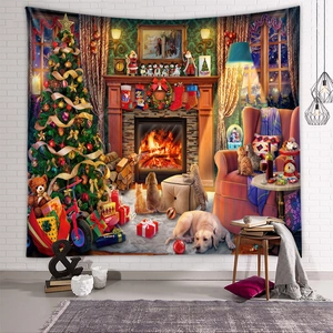 Detaillierter Weihnachtsteppich mit Kamin, Weihnachtsbaum und Haustieren zur Dekoration