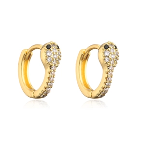 Close-up of 18K gold snake hoop earrings with micro-pave white and black stones