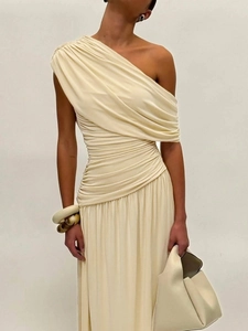Elegant cream one-shoulder ruched maxi dress with slimming silhouette and draping texture