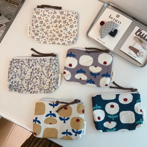 Floral Print Cotton Linen Coin Purse Mini Zipper Storage Pouch For Cards And Small Items Retro Style Women