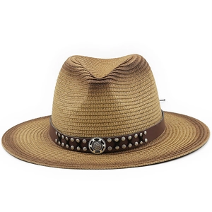 Classic fedora straw sun hat with brown gradient weave and studded leather band