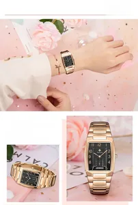 Detail einer eleganten schwarzen rechteckigen Uhr mit roségoldenem Band und Armband