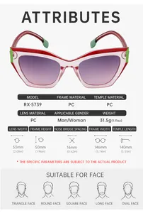 Detailed size chart for cat eye sunglasses showing dimensions for lenses, frame and temples