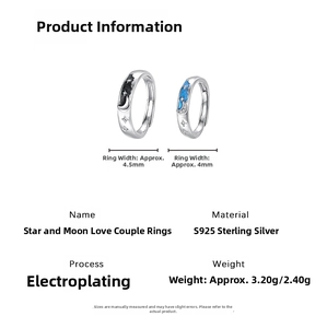 Detailed size specifications for S925 silver star and moon enamel couple rings