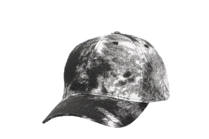 Detailed side view of tie-dye baseball cap with black and white ink texture pattern